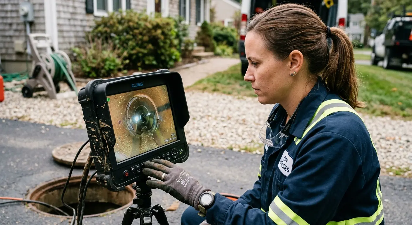 Technician reviewing sewer camera inspection footage in Carpentersville