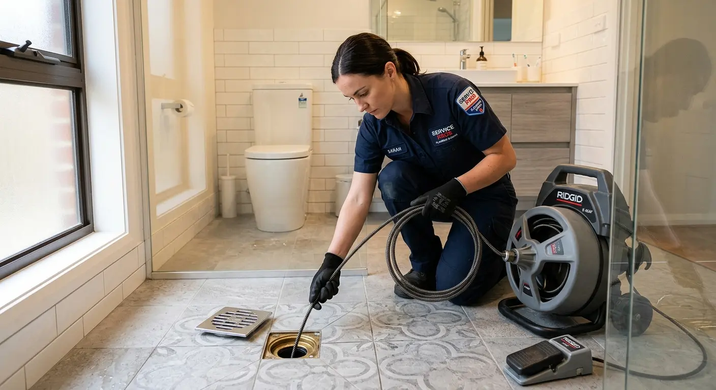 Technician clearing a bathroom floor drain for Drain Cleaning in Carpentersville